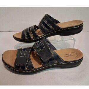 Clarks Collection Leisa Janna Navy Blue Leather Slide Sandals Womens 8.5 M